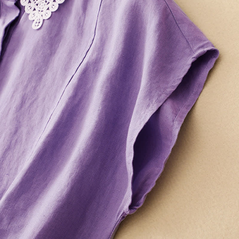 Buddha Stones Summer Hollow Lace Design Lapel Sleeveless Cotton Midi Dress With Pockets