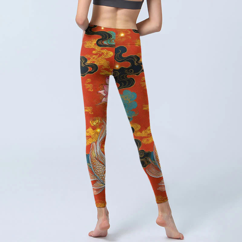 Buddha Stones Koi Fish Lotus Cloud Pattern Print Gym Leggings Women's Yoga Pants