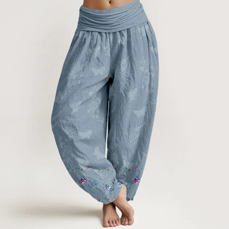 Buddha Stones Pure Cotton Trouser Legs Neatly Arranged Butterfly Grass Flower Pattern Women's Elastic Waist Harem Pants