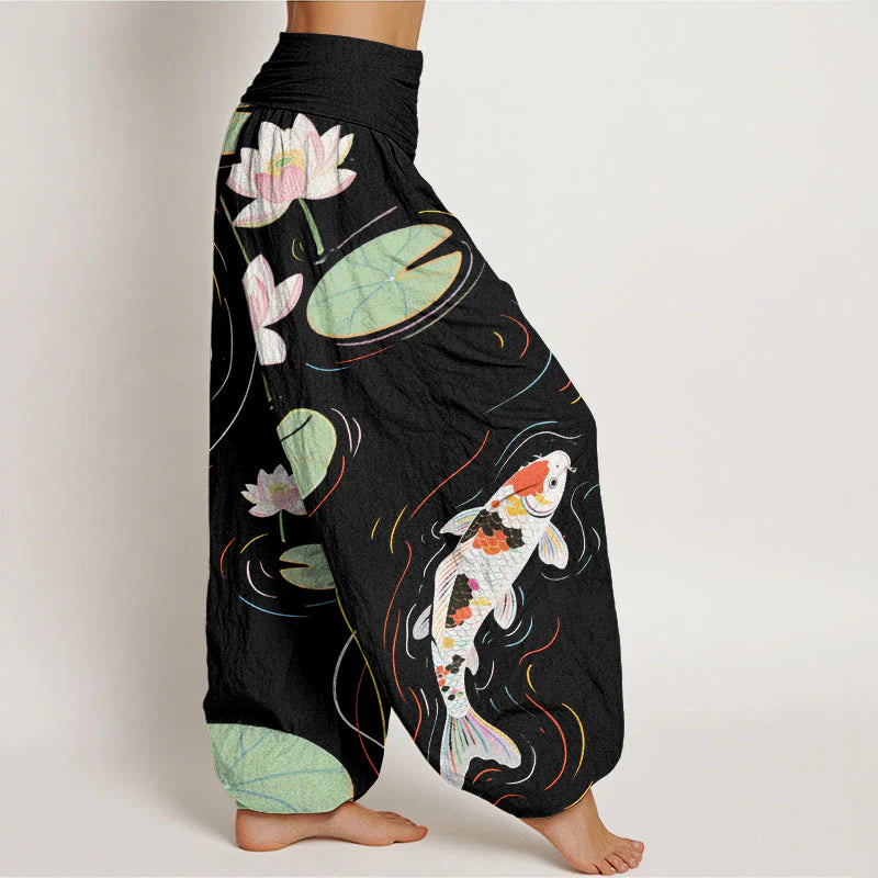 Buddha Stones Cotton Lotus Flower Lotus Leaves Koi Fish Water Ripples Pattern Women's Elastic Waist Harem Pants