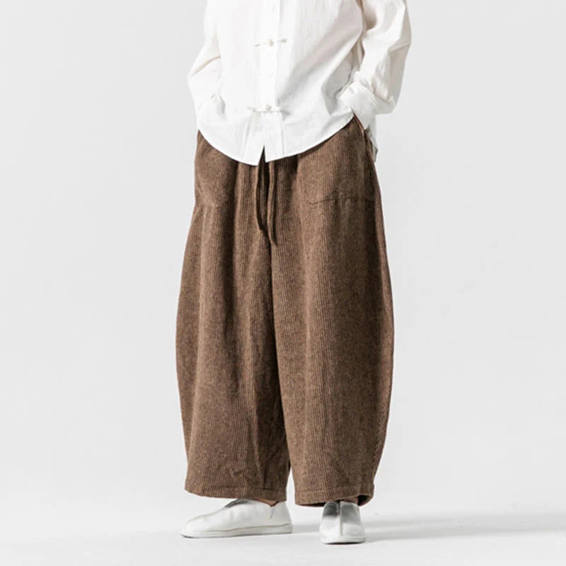 Buddha Stones Daily Solid Color Drawstring Design Men's Wide Leg Cotton Pants With Pockets