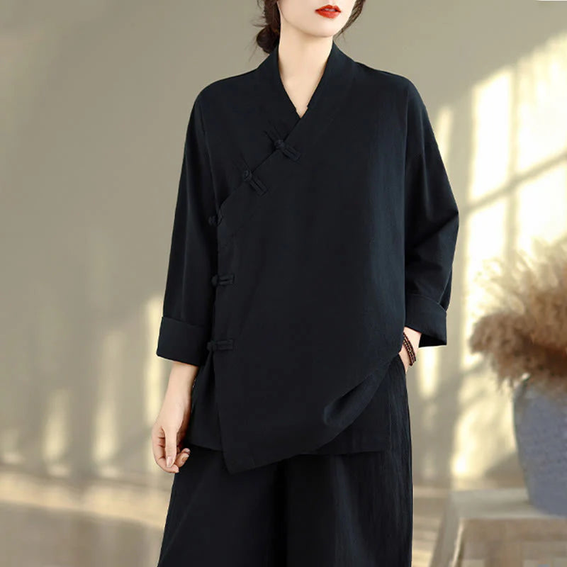 Buddha Stones 2Pcs V-Neck Long Sleeve Shirt Wide Leg Pants Zen Meditation Women's Set