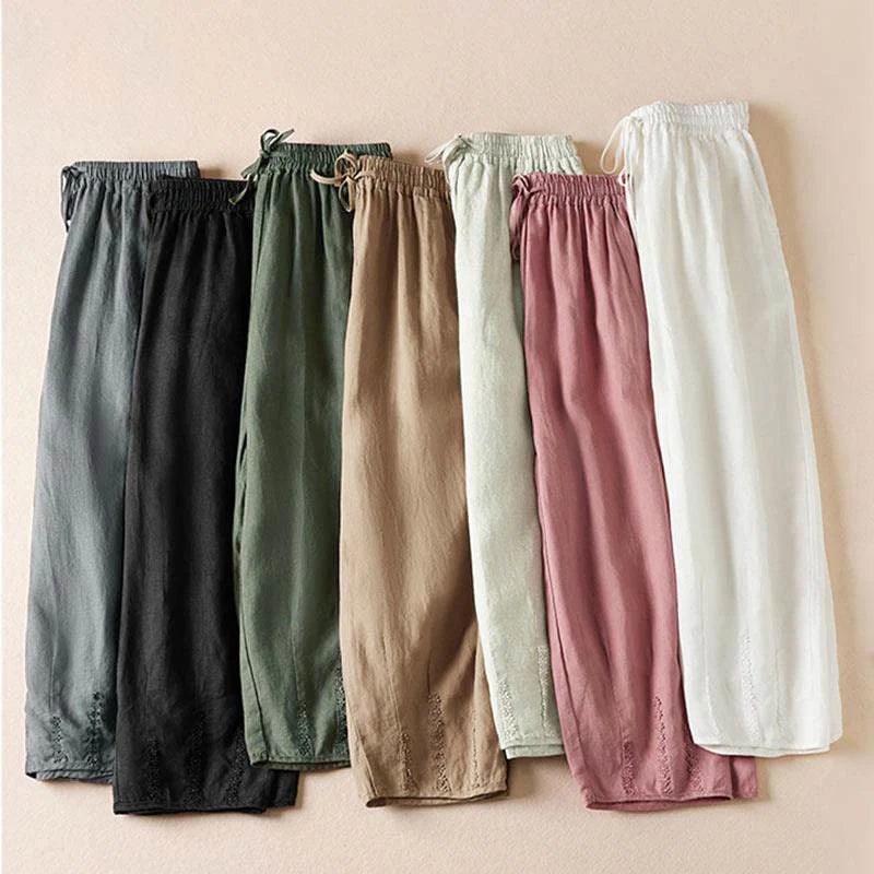Buddha Stones Summer Small Flower Embroidery  Harem Pants With Pockets