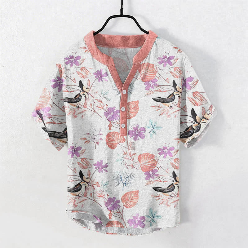 Buddha Stones Cotton Tropical Floral Bird Pattern Men's Short Sleeve Half Button Shirt