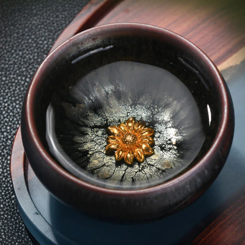 Buddha Stones 24K Gold Inlaid Sunflower Chinese Jianzhan Glaze Kiln Change Ceramic Teacup Tenmoku Kung Fu Tea Cup (Extra 35% Off | USE CODE: FS35)