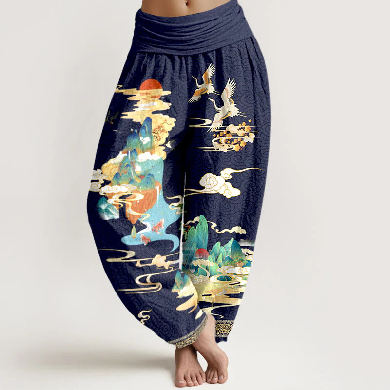 Buddha Stones Pure Cotton Landscape Cranes Clouds Pattern Women's Elastic Waist Harem Pants