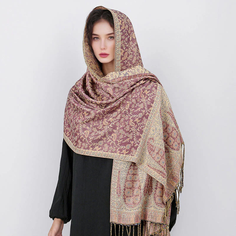 Buddha Stones Tibetan Jacquard Paisley Flower Pattern Color Contrast Design Tassel Cozy Scarf Shawl