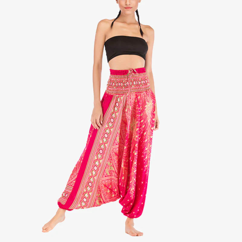 Buddha Stones Two Style Wear Feathers Geometric Pattern Loose Smocked Trousers Jumpsuit Women's Yoga Pants
