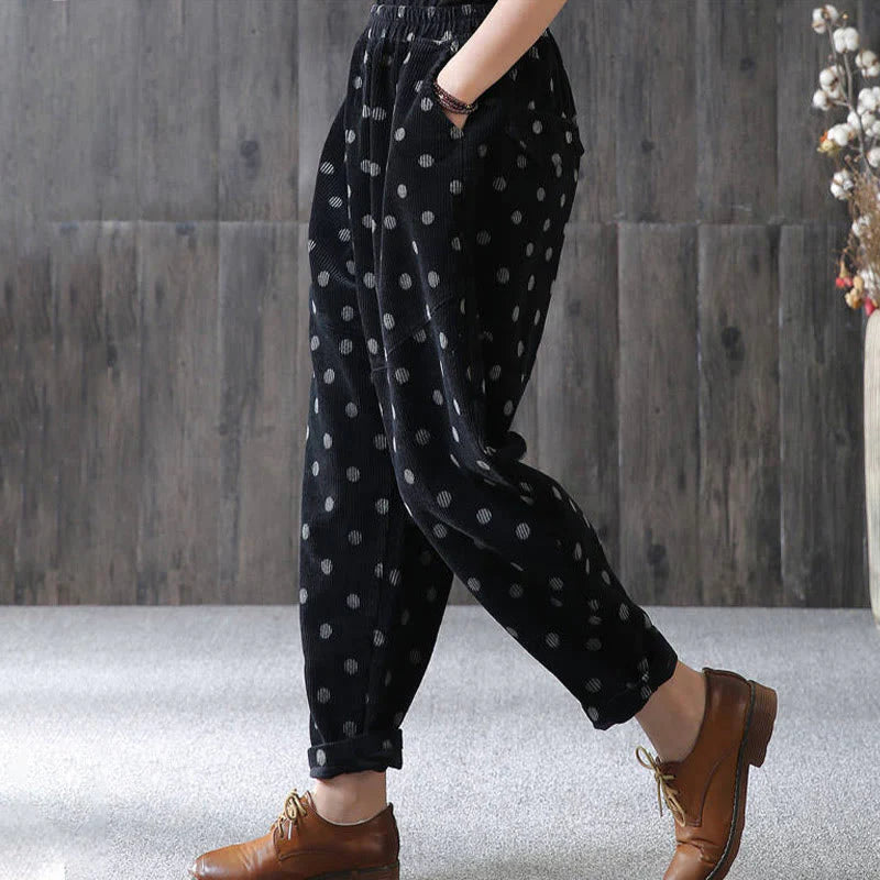 Buddha Stones Women's Fall Commute Printing Dot Pattern Corduroy Harem Pants With Pockets