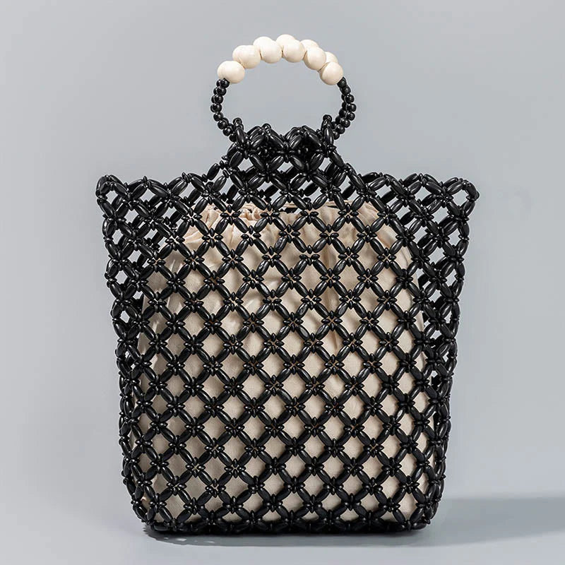 Buddha Stones Hand-woven Fishing Line Braiding Mesh Hollow Wooden Beads Handbag