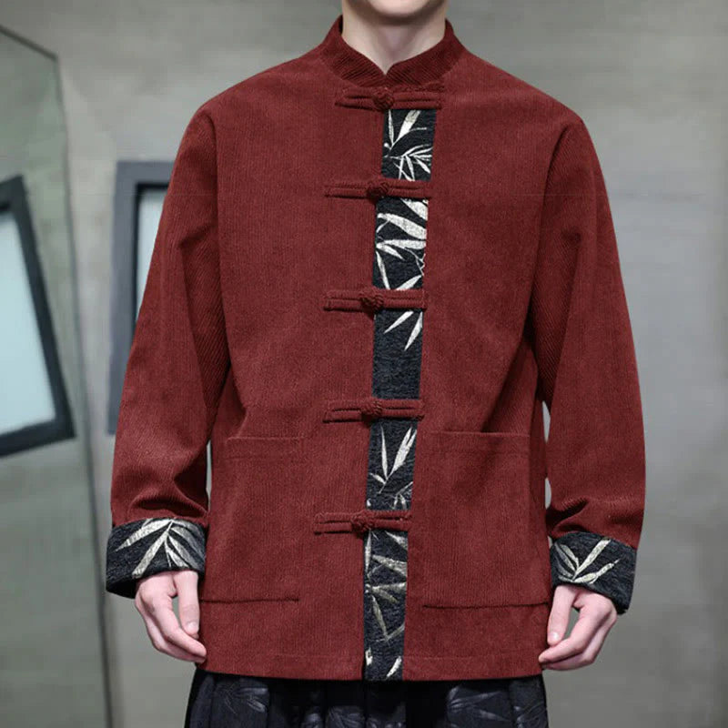 Buddha Stones Fall Bamboo Frog-Button Long Sleeve Men's Corduroy Cotton Jacket With Pockets