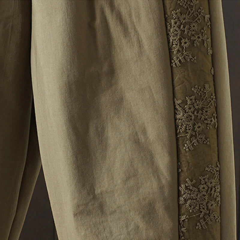 Buddha Stones Flower Pattern Cotton Polyester Embroidery Thick Women's Pants With Pockets
