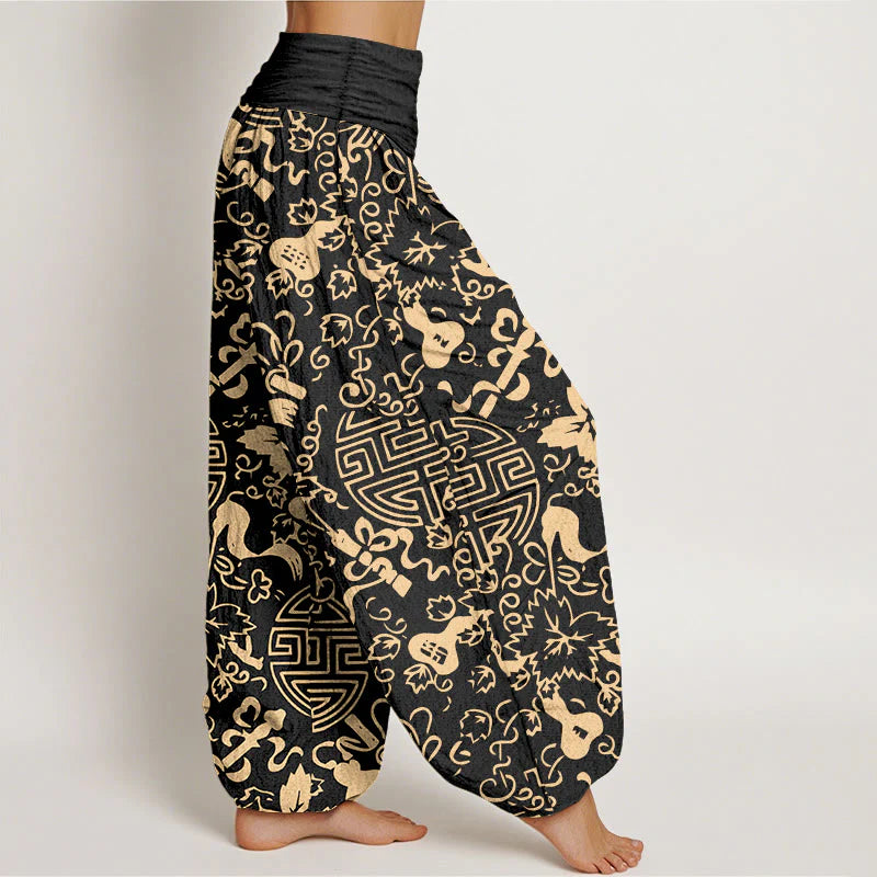 Buddha Stones Pure Cotton Chinese Character Gourd Auspicious Pattern Women's Elastic Waist Harem Pants