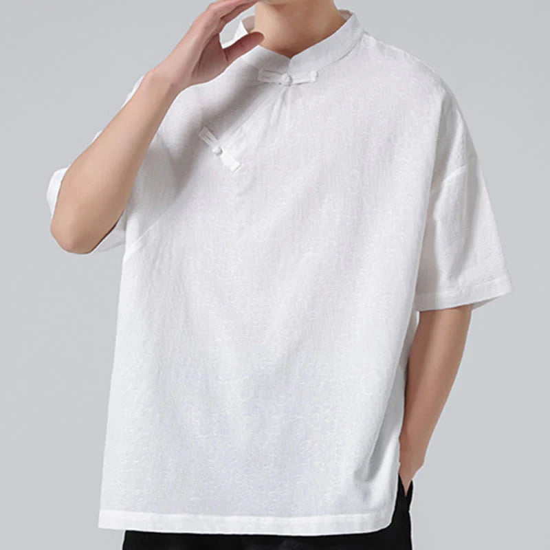 Buddha Stones Retro Pure Color Frog-Button Design Jacquard Flower Pattern Men's Short Sleeve Cotton Linen Shirt