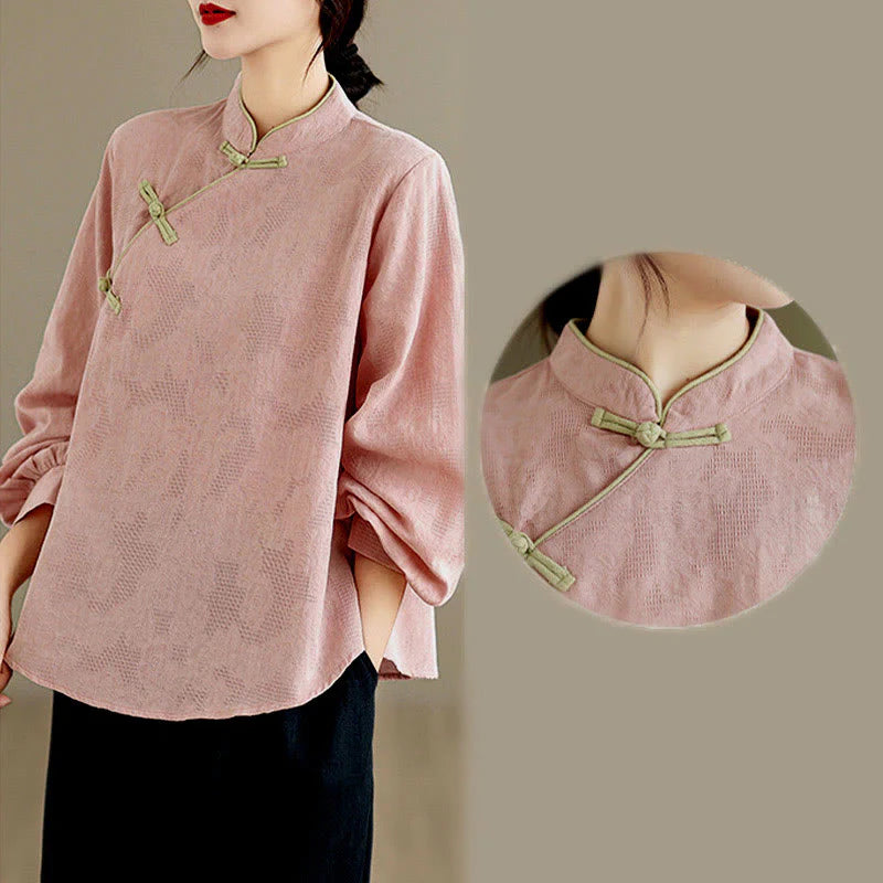 Buddha Stones Spring Traditional Floral Frog-Button Stand Collar Long Sleeve Women's Cotton Shirt