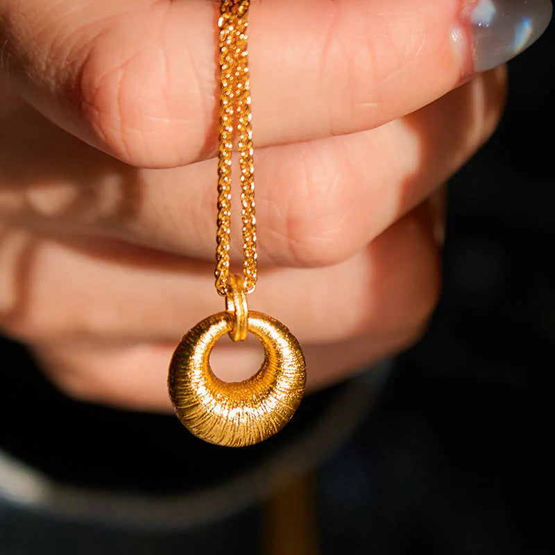 Buddha Stones 24k Gold Plated Copper Peace Buckle Texture Wealth Necklace Pendant