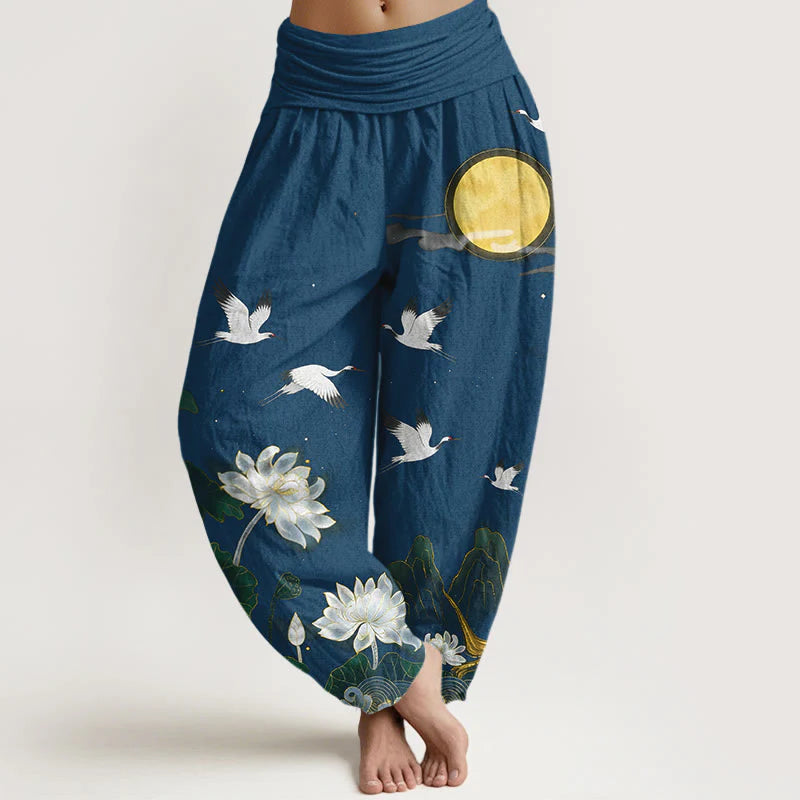 Buddha Stones Pure Cotton Crane Blooming Lotus Moon Mountain Women's Elastic Waist Harem Pants