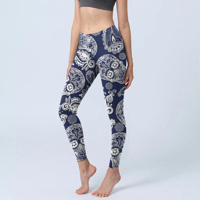 Buddha Stones Paisley Plant Skull Pattern Gym Leggings Women's Yoga Pants