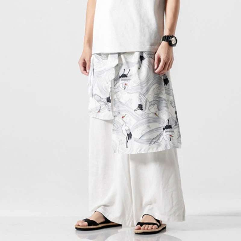 Buddha Stones Summer Flying Crane Design Cotton Men's Wide Leg Pants With Pockets
