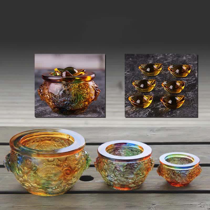 Buddha Stones Handmade Liuli Crystal Treasure Bowl Art Piece Home Decoration