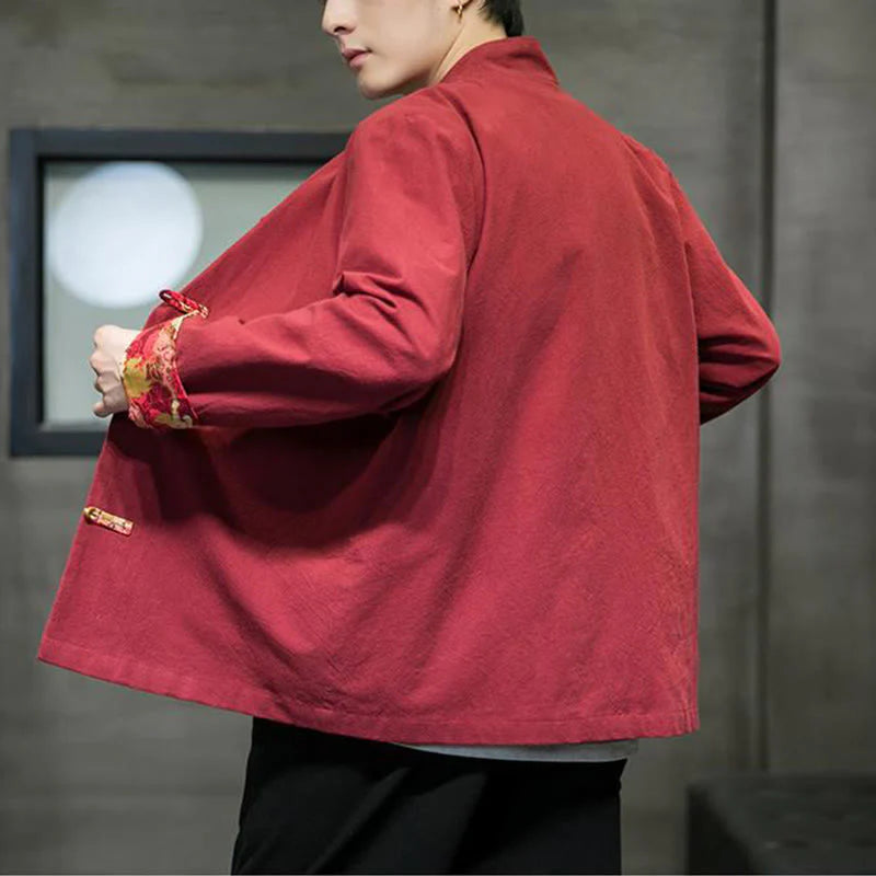 Buddha Stones Printed Color Contrast Dragon Pattern Frog-button Long Sleeve Men's Cotton Jacket