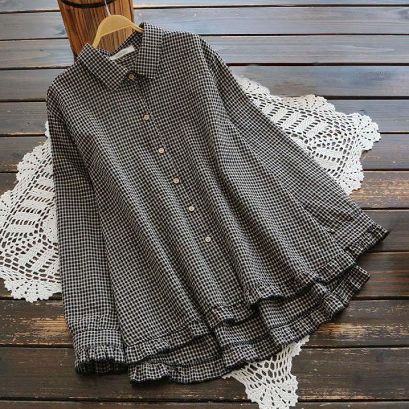 Buddha Stones Spring Plaid Ruffled Hem Design Long Sleeve Women's Cotton Buttons Shirt