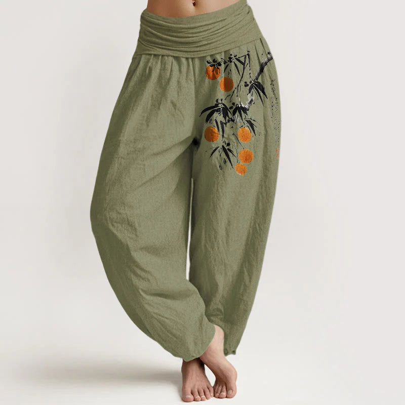 Buddha Stones Pure Cotton Brightly Colored Fruit Branches Pattern Women's Elastic Waist Harem Pants