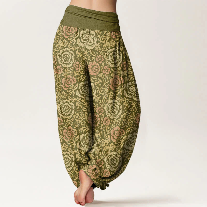 Buddha Stones Pure Cotton Vintage Pastoral Floral Pattern Women's Elastic Waist Harem Pants