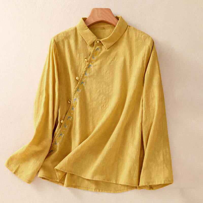 Buddha Stones Fall Embroidery Asymmetrical Design Frog-Button Women's Cotton Long Sleeve Shirt