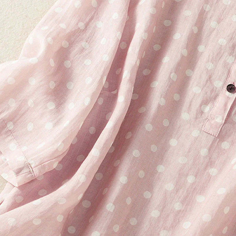 Buddha Stones Spring Polka Dot Button Stand Collar Polyester Midi Dress With Pockets