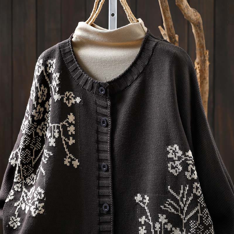 Buddha Stones Floral Buttons Cotton Women's Long Batwing Sleeve Knitted Cardigan