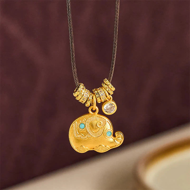 Buddha Stones Elephant Symbol 24k Gold Plated Brass Strength Rope Necklace Pendant
