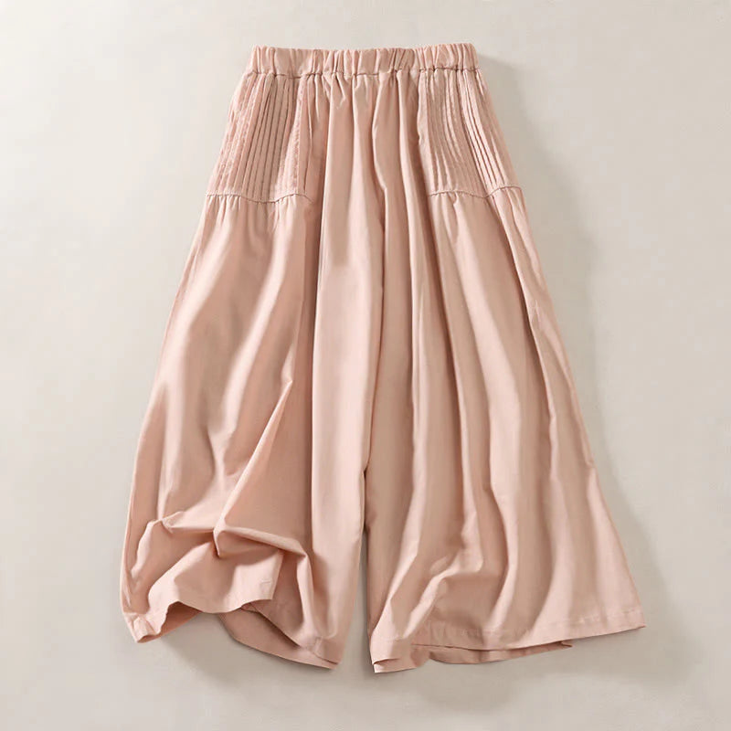 Buddha Stones Summer Pleated Design Elastic Waistband Cropped Women's Wide Leg Pants With Pockets