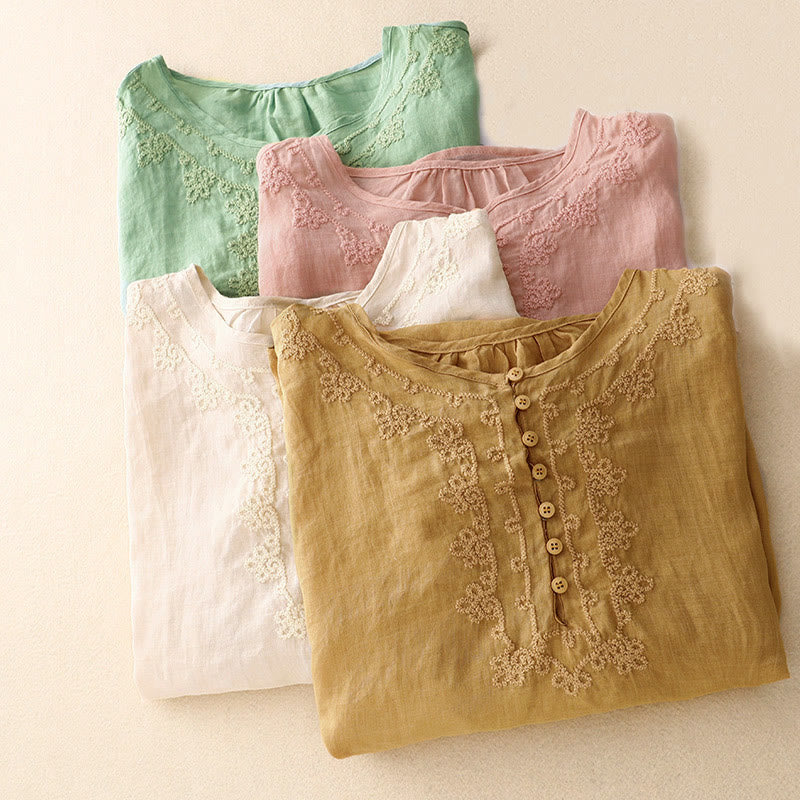Buddha Stones Line Embroidery Button Crew Neck Half Sleeve Women's Cotton Shirt