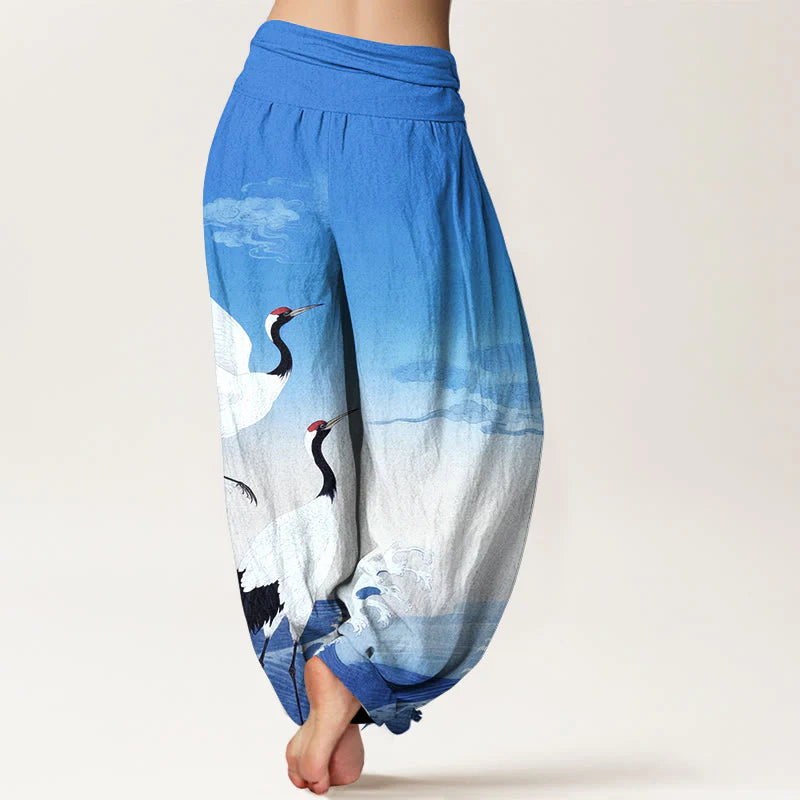 Buddha Stones Pure Cotton Cranes Auspicious Clouds OceanÂ Women's Elastic Waist Harem Pants