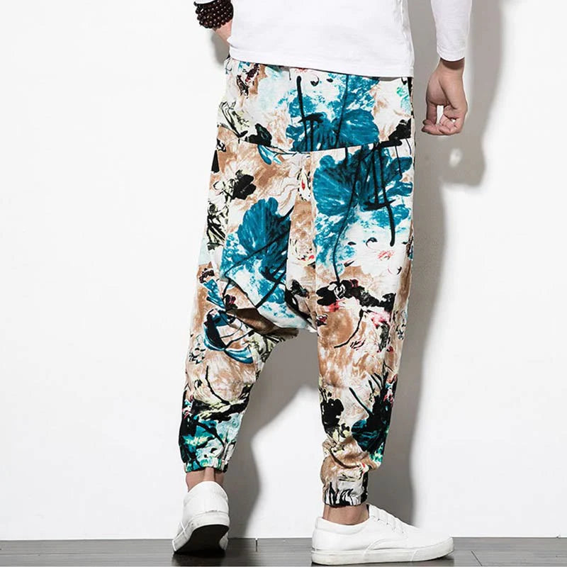 Buddha Stones Flowers Leaves Brown Blue Painting Print Cotton Men's Long Cropped Harem Pants With Pockets