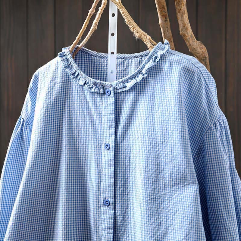 Buddha Stones Spring Small Plaid Buttons Down Long Sleeve Women's Cotton Shirt