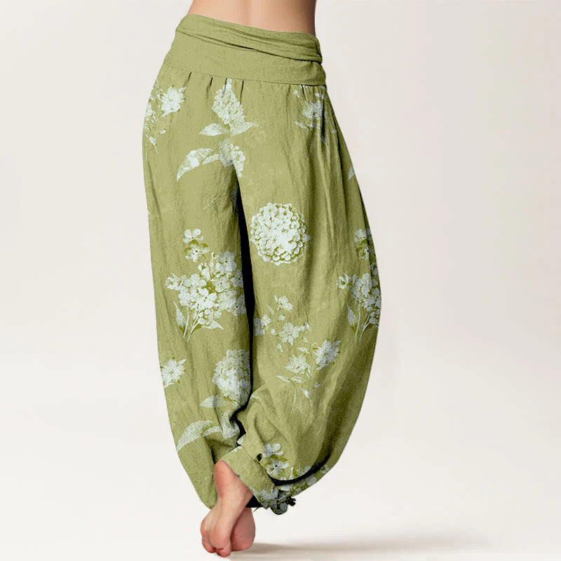 Buddha Stones Cotton Refresh Hydrangea Clustered Flowers Pattern Women's Elastic Waist Harem Pants