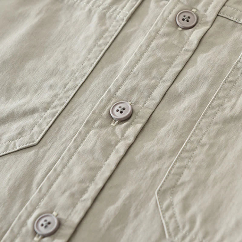 Buddha Stones Daily Plain Buttons Design Men's Long Sleeve Pure Cotton Shirt With Pockets