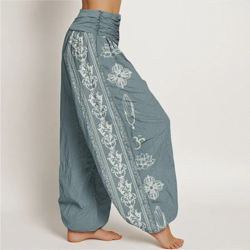 Buddha Stones Cotton Lotus Flowers Double Dorje Vajra Namaste Om Design Women's Elastic Waist Harem Pants