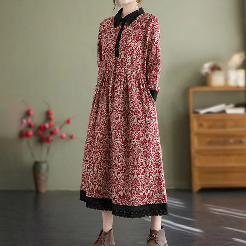 Buddha Stones Ethnic Printed Drawstring Long Sleeve Cotton Midi Dress With Pockets