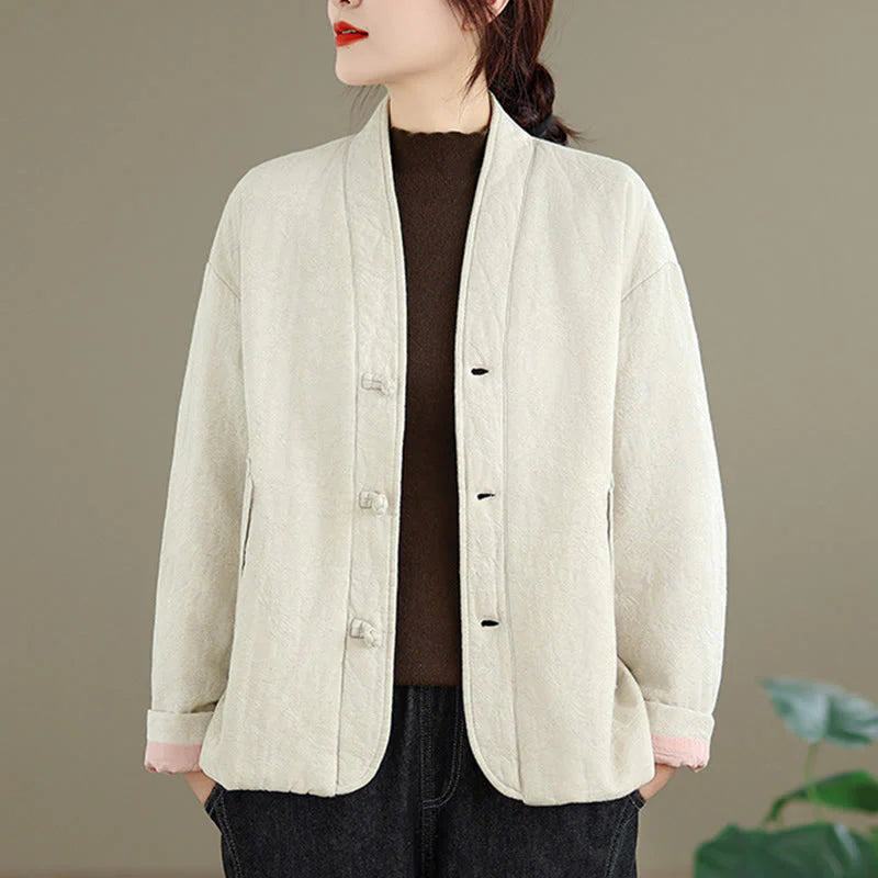 Buddha Stones Winter V-Neck Jacquard Frog-Button Cotton Long Sleeve Women's Thermal Jacket With Pockets