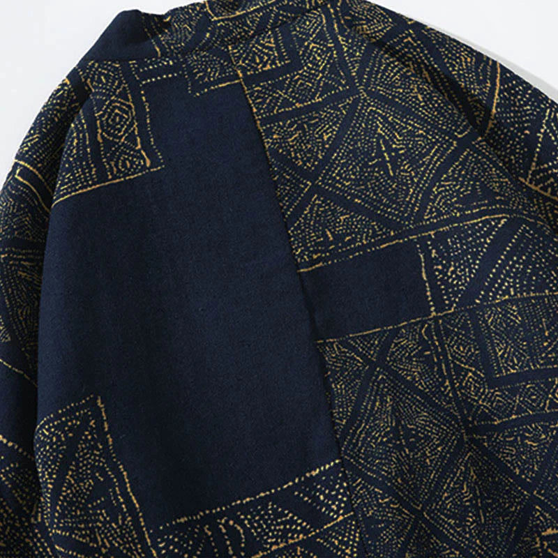 Buddha Stones Geometry Floral Stripes Butterfly Ink Open Front Half Sleeve Jacket Cotton Men's Kimono