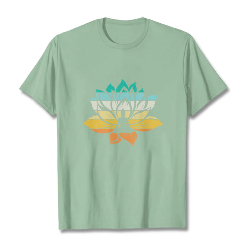 Buddha Stones Gradient-colored Lotus Flower Buddha Meditation Cotton Tee T-shirt