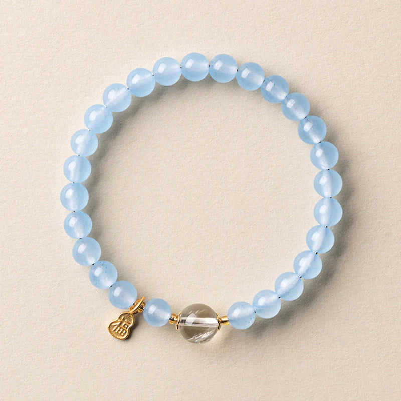 Buddha Stones Natural Aquamarine Fu Character Lucky Fortune Healing Bracelet