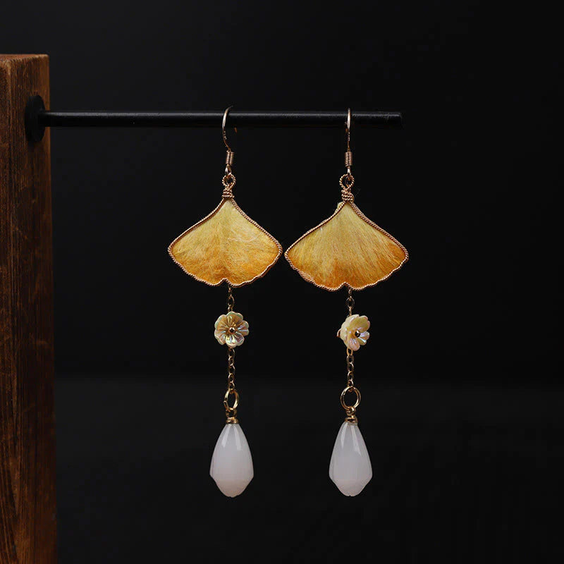 Buddha Stones Handmade Silk Craft Yellow Ginkgo Leaf Copper Hook Good Fortune Dangle Earrings