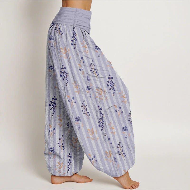 Buddha Stones Cotton Softly Colored Leaf Striped Pattern Women's Elastic Waist Harem Pants