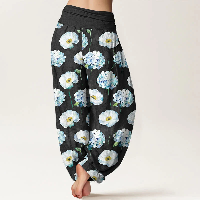 Buddha Stones Cotton Fresh Elegant Flower Pattern Women's Elastic Waist Harem Pants