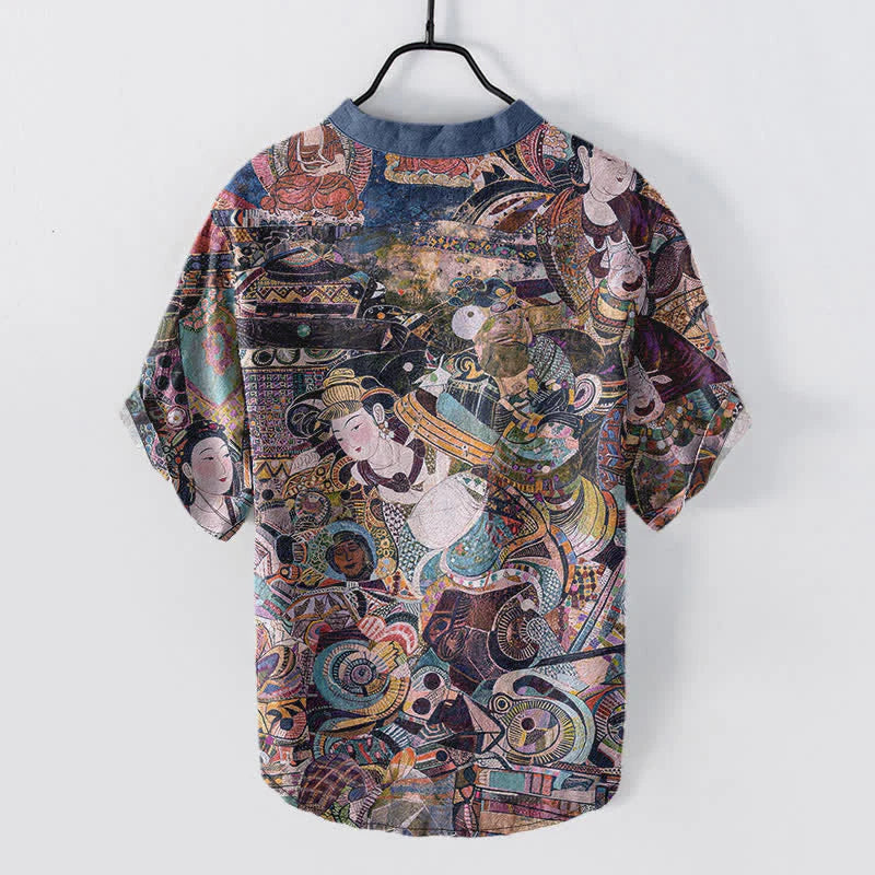 Buddha Stones Cotton Portrait Print Men's Short Sleeve Half Button Shirt