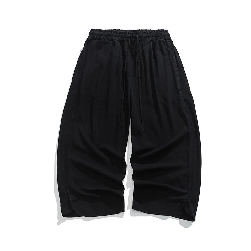 Buddha Stones Casual Loose Frog-Button Plain Men's Cotton Linen 7-8 Length Pants With Pockets